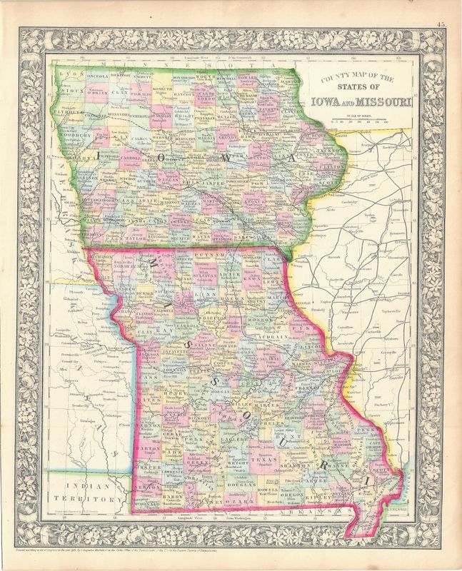 1866 (1861) Map of Iowa and Missouri by S. Augustus Mitchell w/ ohc