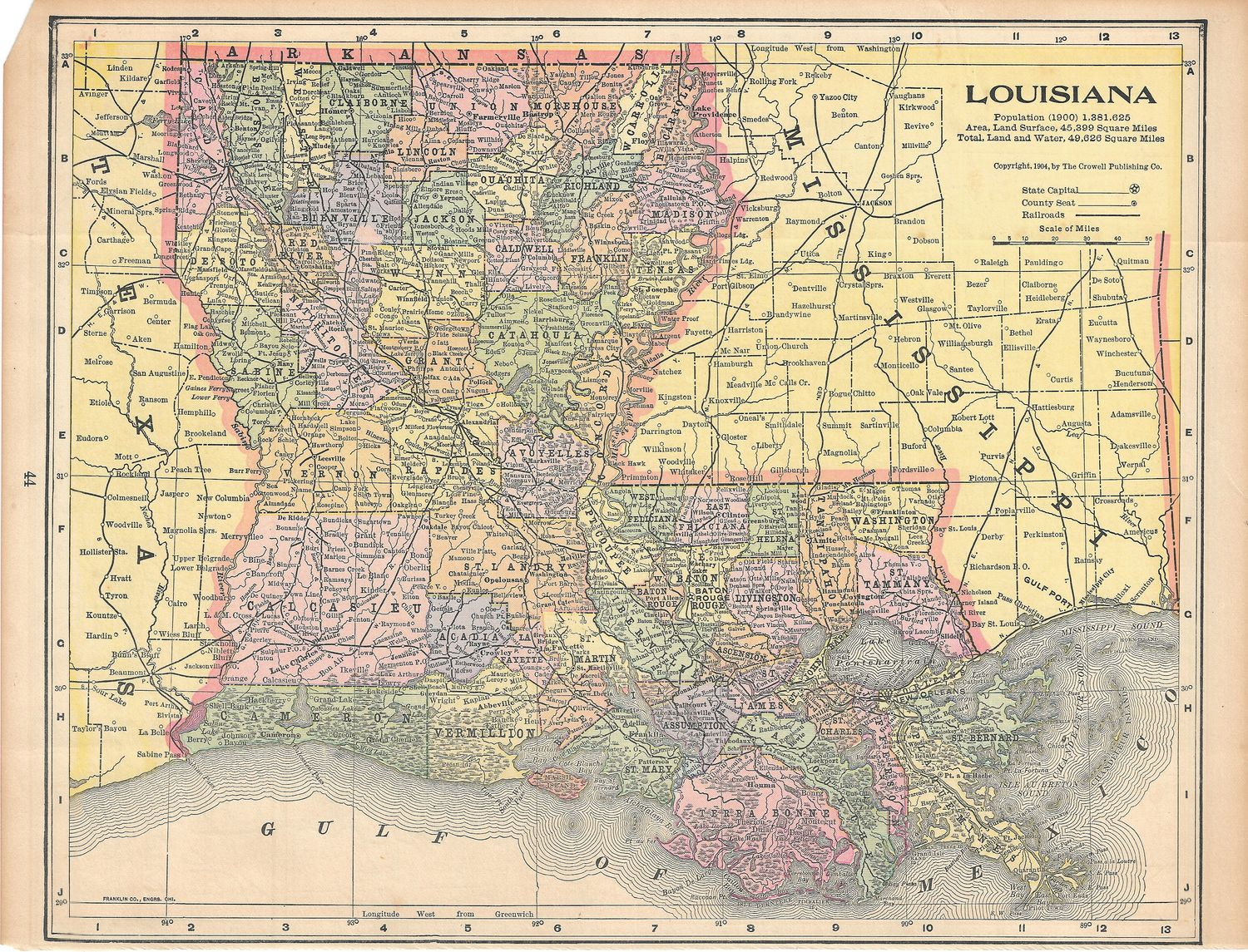 1904 Map of Louisiana by Crowell Publishing Co.