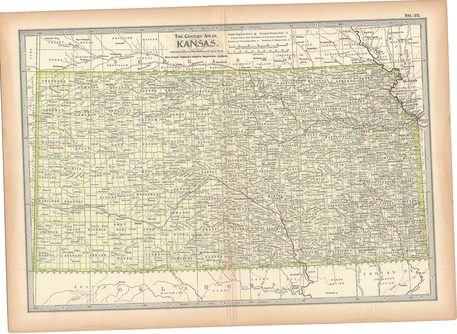 1897 Map of Kansas from the Century Atlas