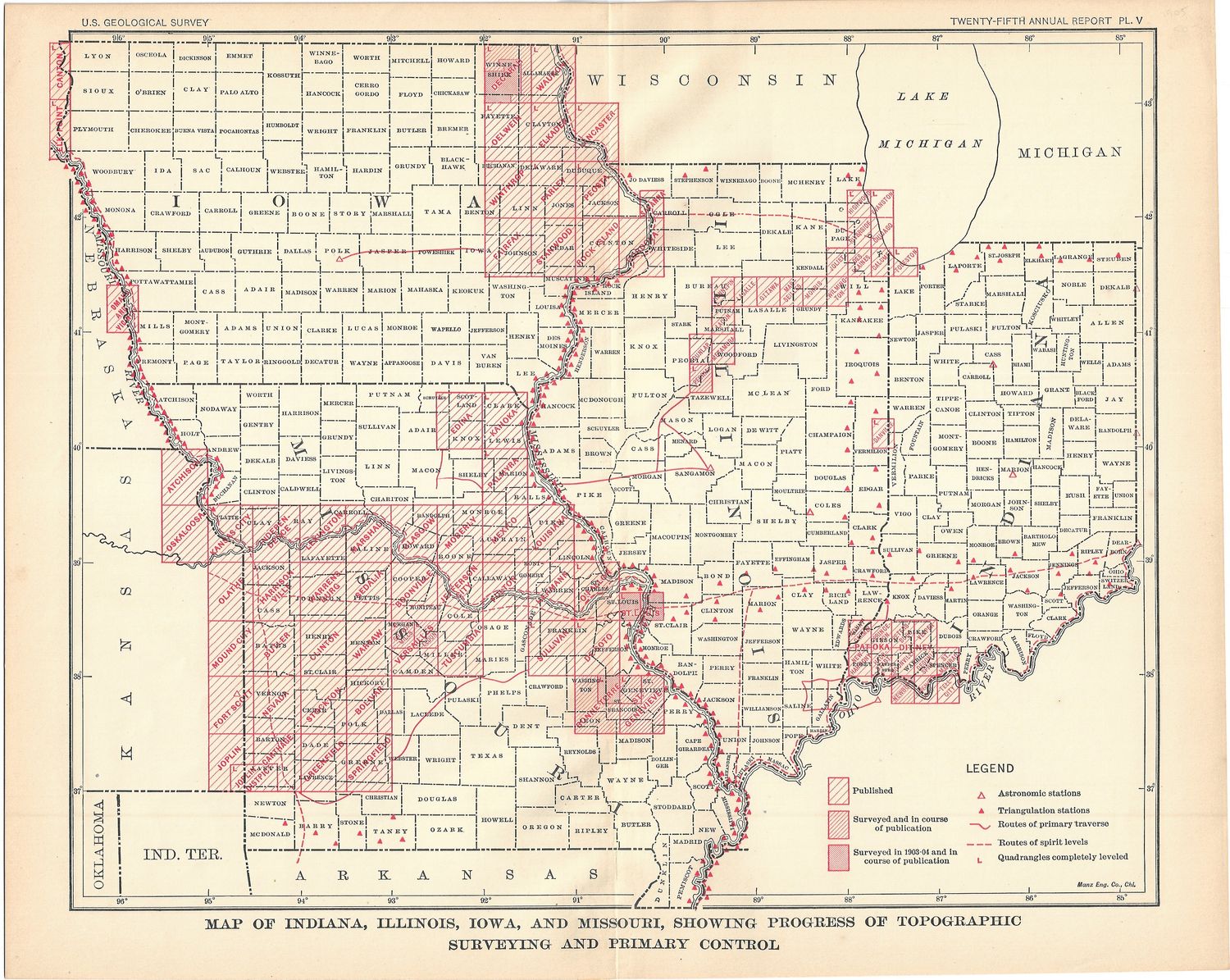1905 USGS Index Map of Indiana, Illinois,, Iowa &amp; Missouri
