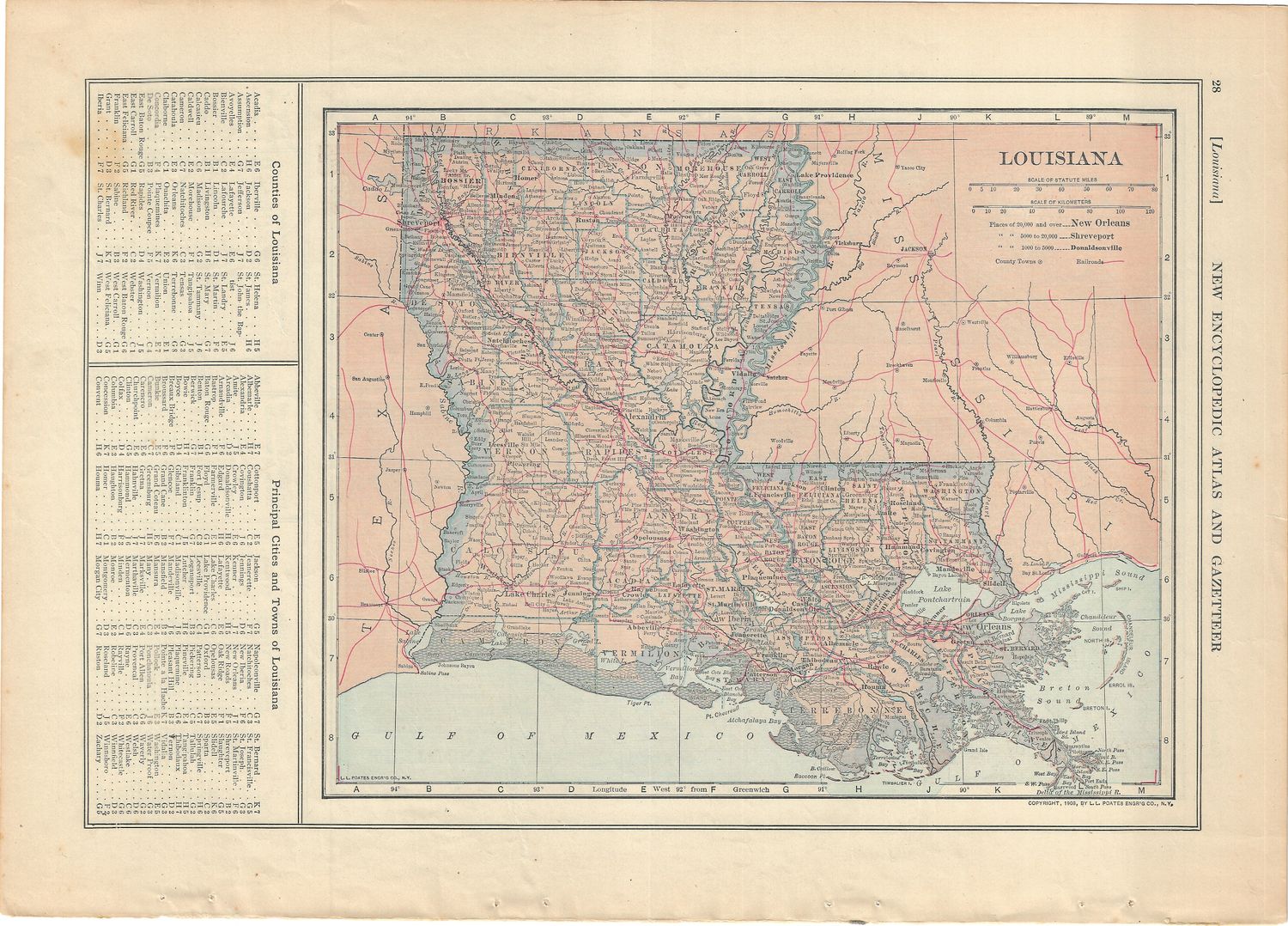 1908 Map of Louisiana from the New Encyclopedia Atlas