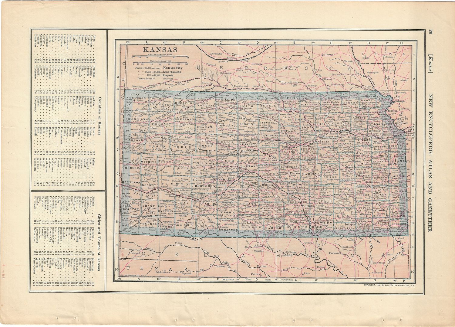 1908 Map of Kansas from the New Encyclopedia Atlas