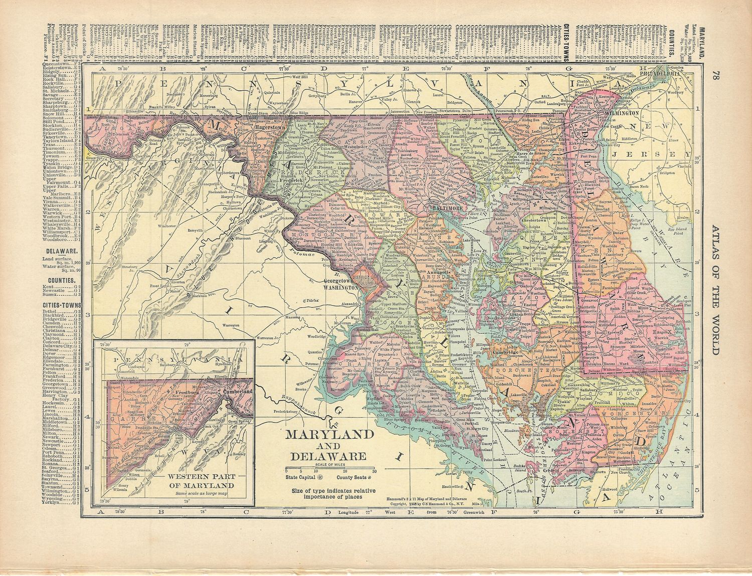1908 Map of Maryland and Delaware by C.S. Hammond