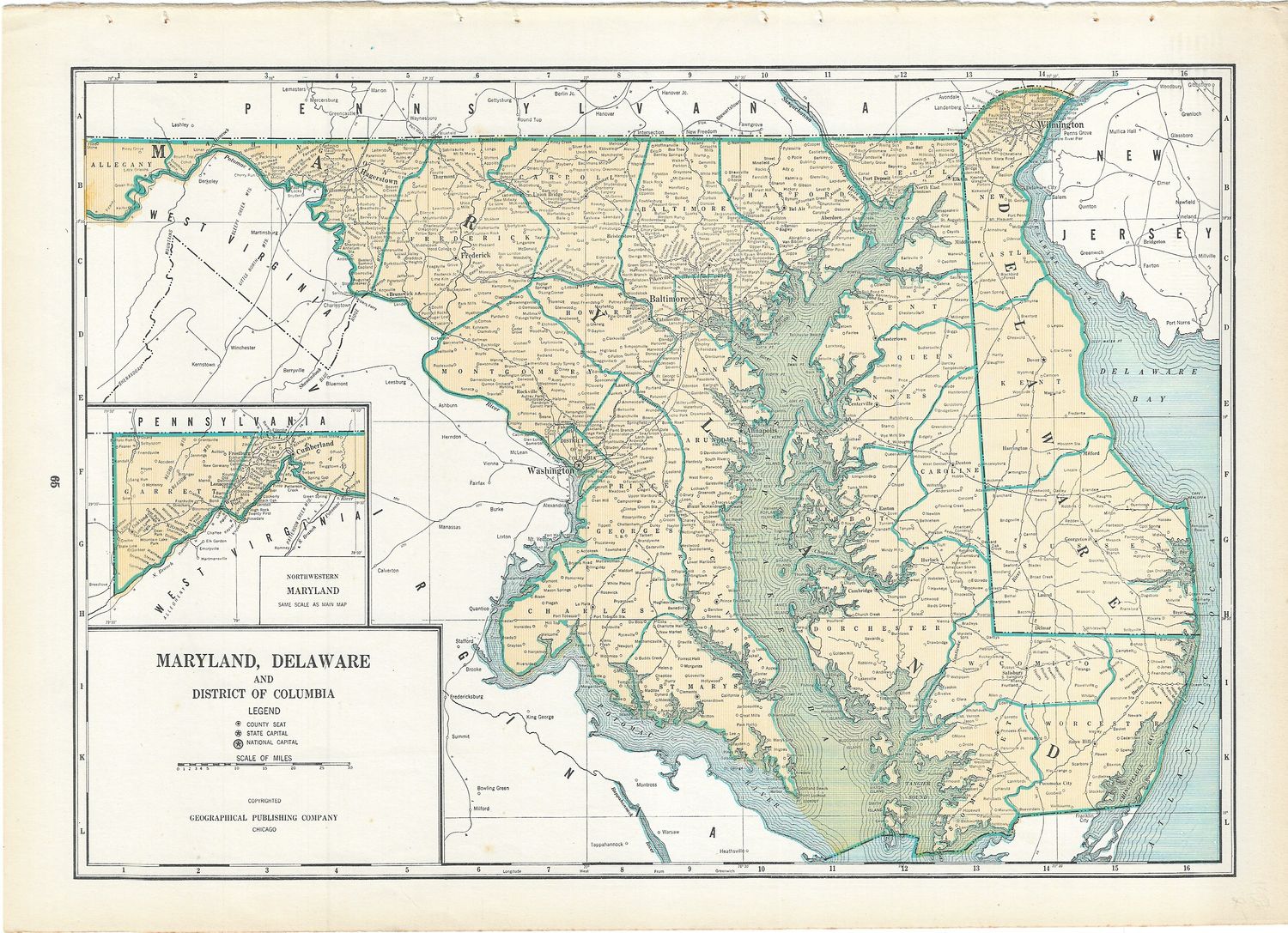1927 Map of Maryland , Delaware &amp; the District of Columbia from Geographic Publishing co.