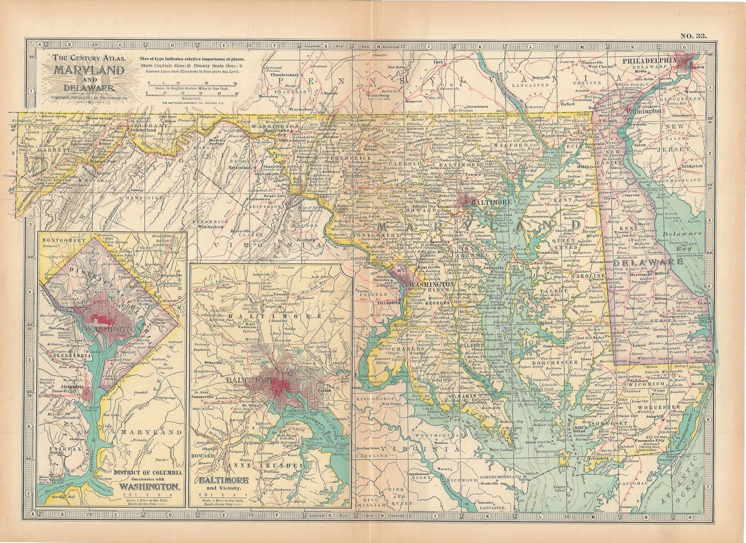 1911 Map of Maryland and Delaware from the Century Atlas