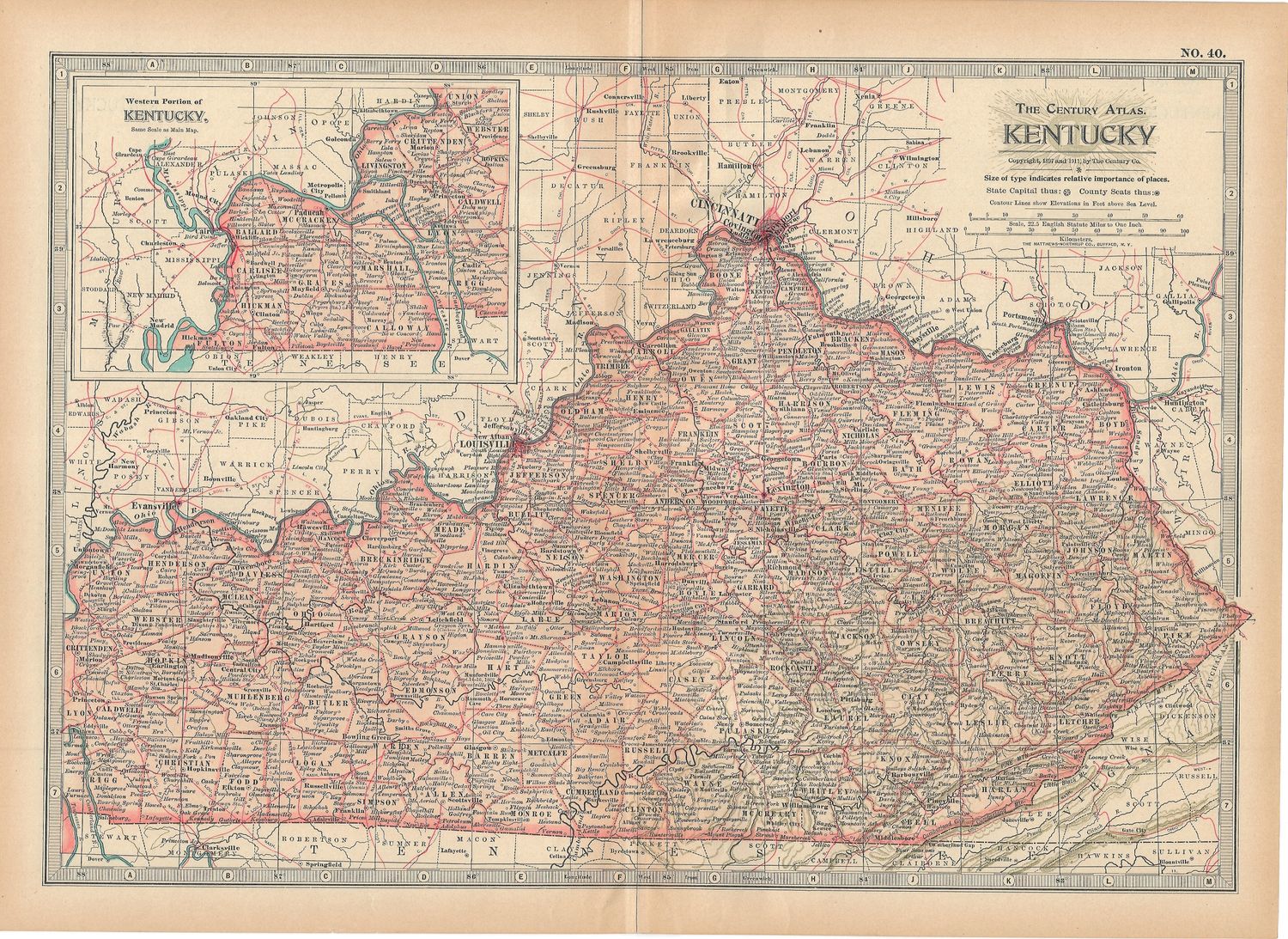 1911 Map of Kentucky from the Century Atlas