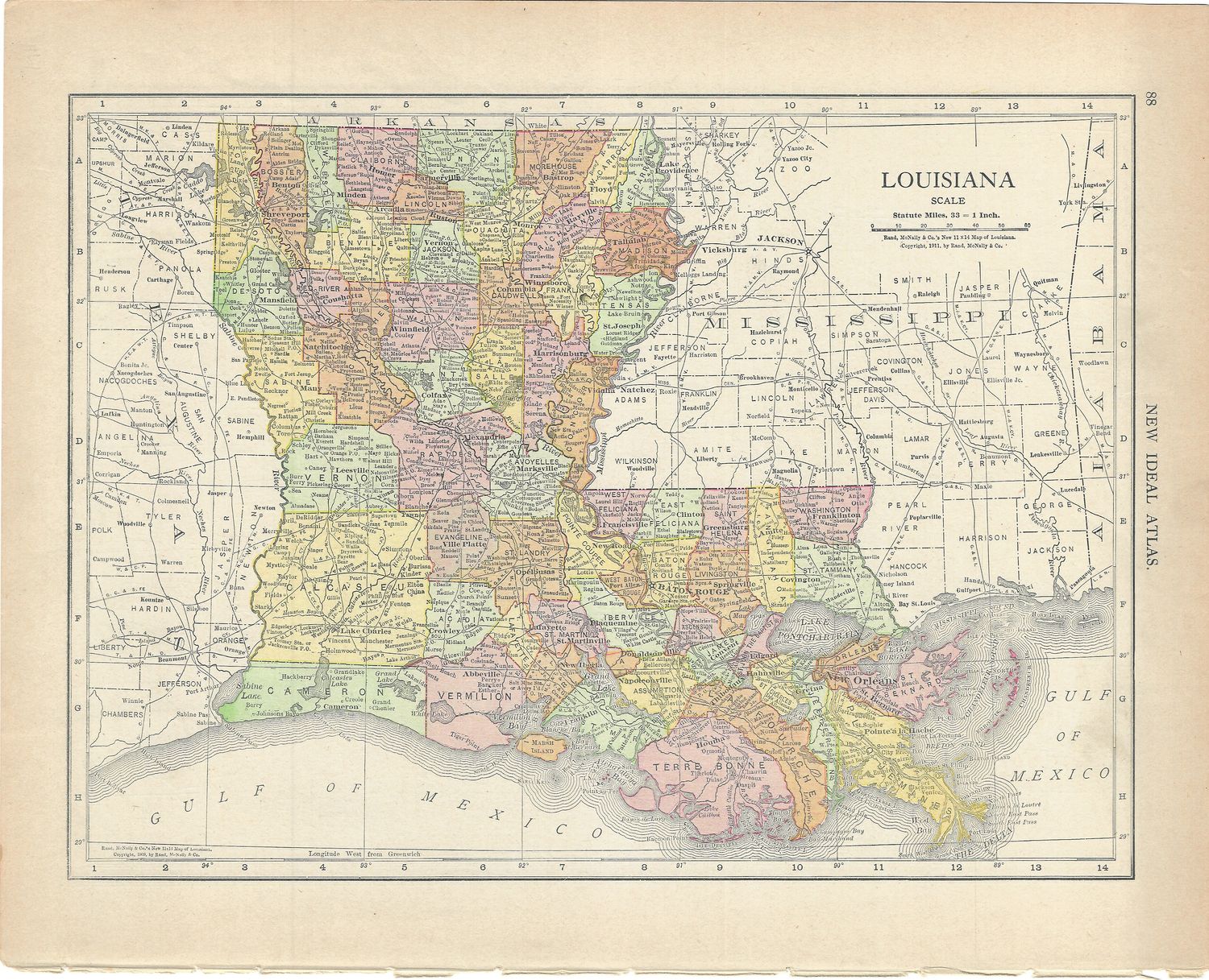 1911 Map of Louisiana (Ark rev.) by Rand McNally