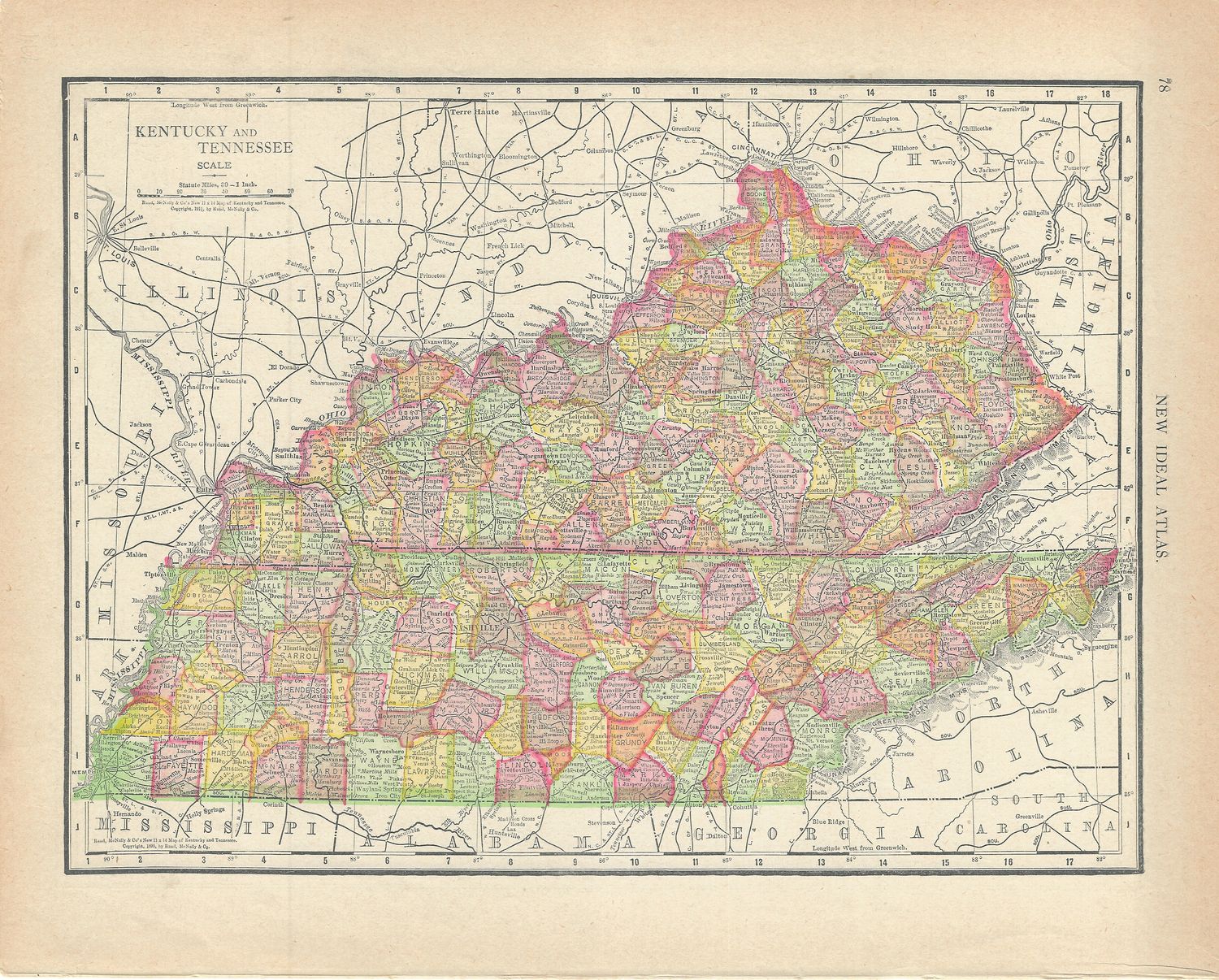 1911 Map of Kentucky &amp; Tennessee from the Rand McNally New Ideal Atlas