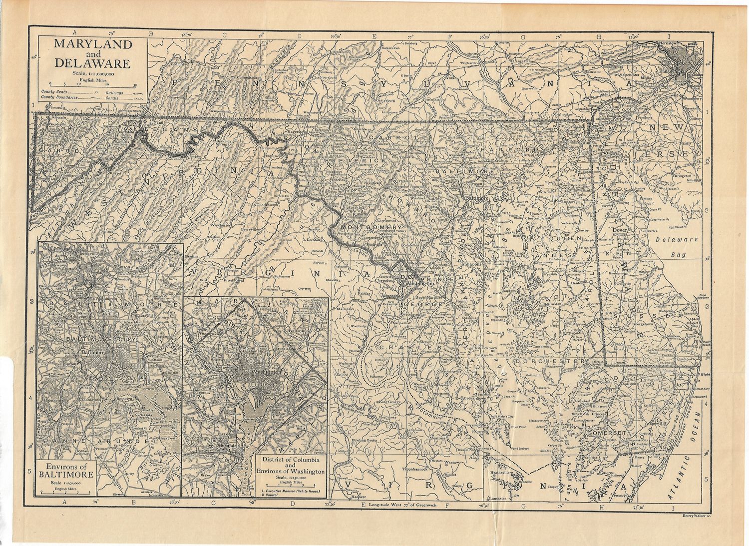 1910 Map of Maryland &amp; Delaware by Emery Walker