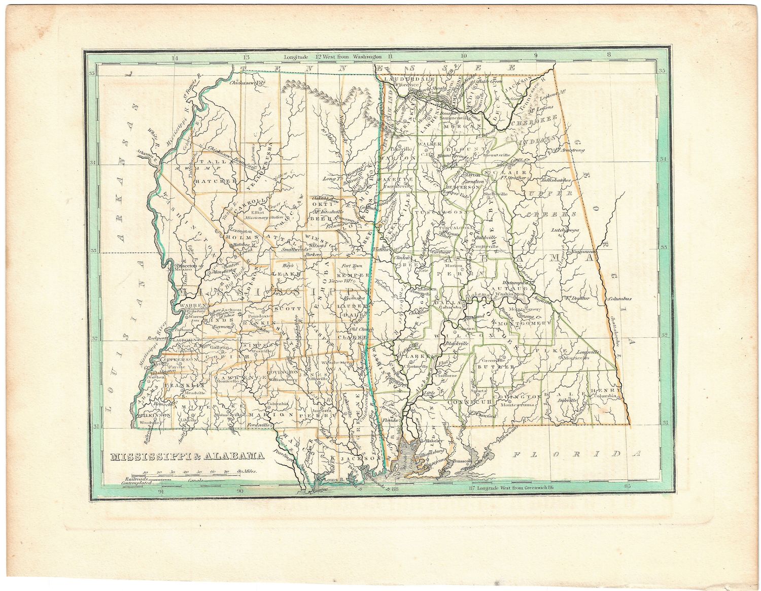 1835 Map of Mississippi &amp; Alabama by G.W. Boynton for Bradford w/ ohc