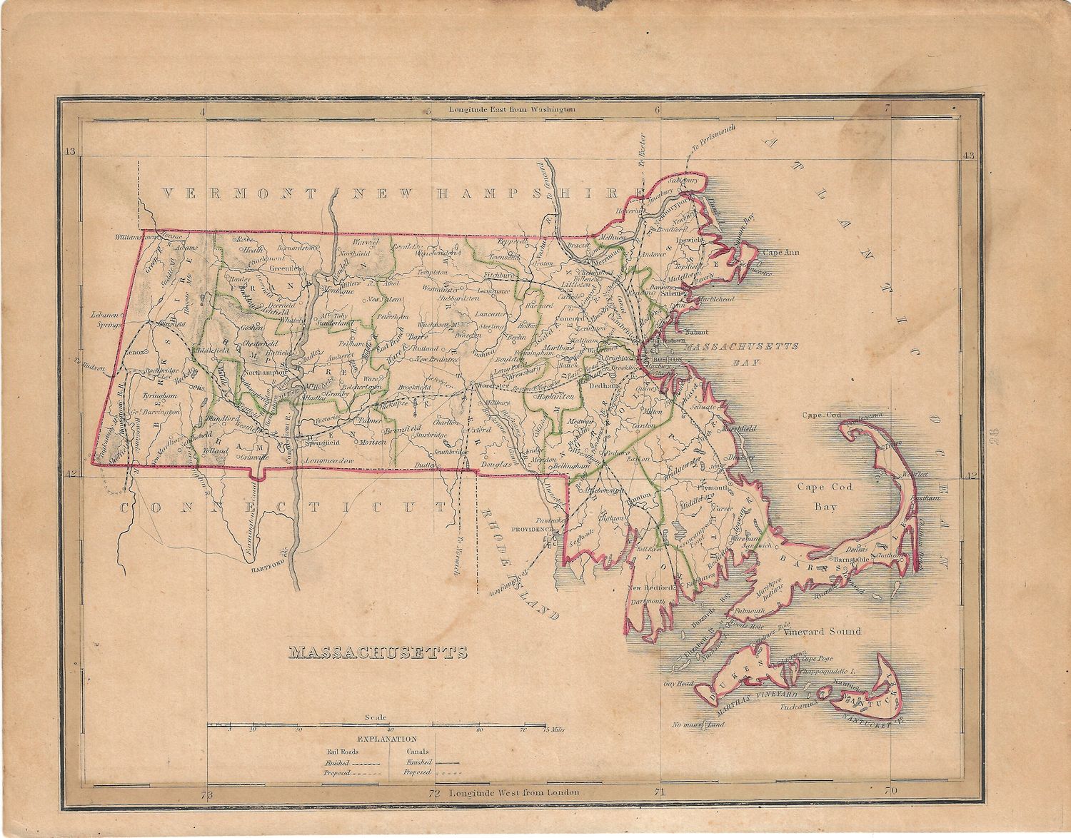 1844 Map of  Massachusetts showing Railroads and counties w/ohc