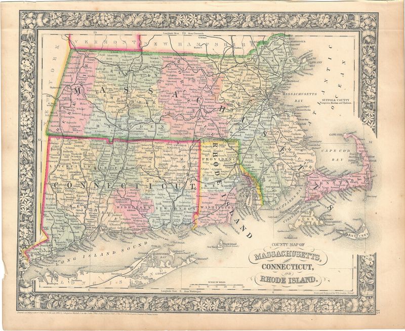 1866 (1862) Map of Massachusetts, Connecticut &amp; Rhode Island by S. Augustus Miktchell