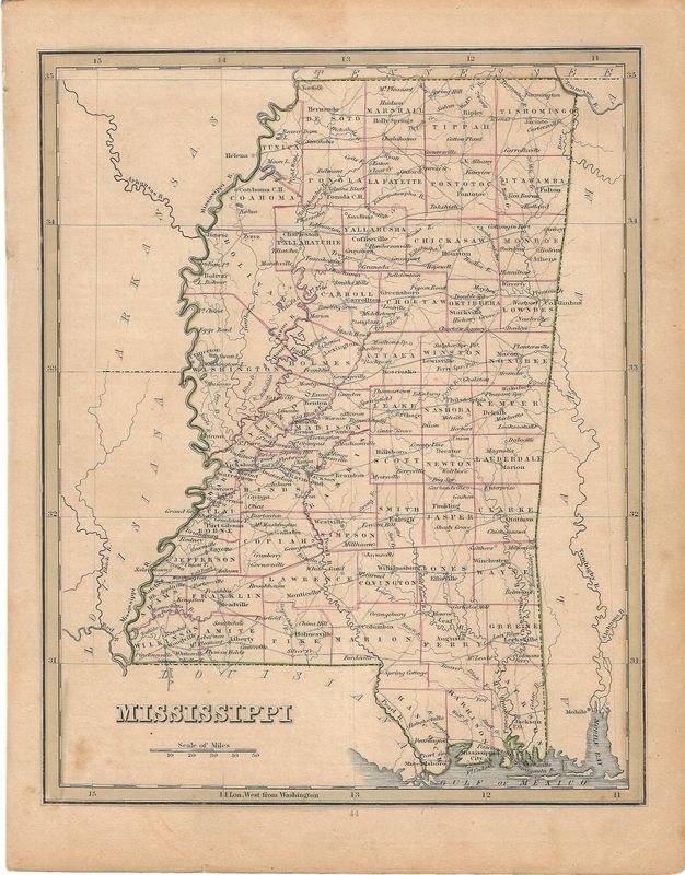 1844 Map of  Mississippi showing roads and counties w/ohc
