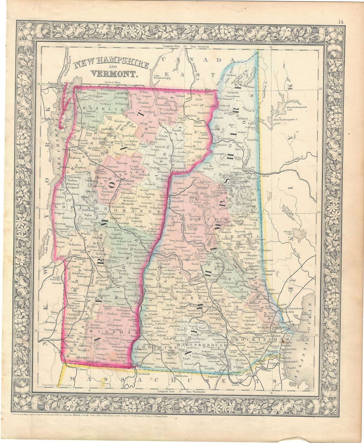 1866 (1862) Map of New Hampshire and Vermont by S. Augustus Mitchell w/ohc