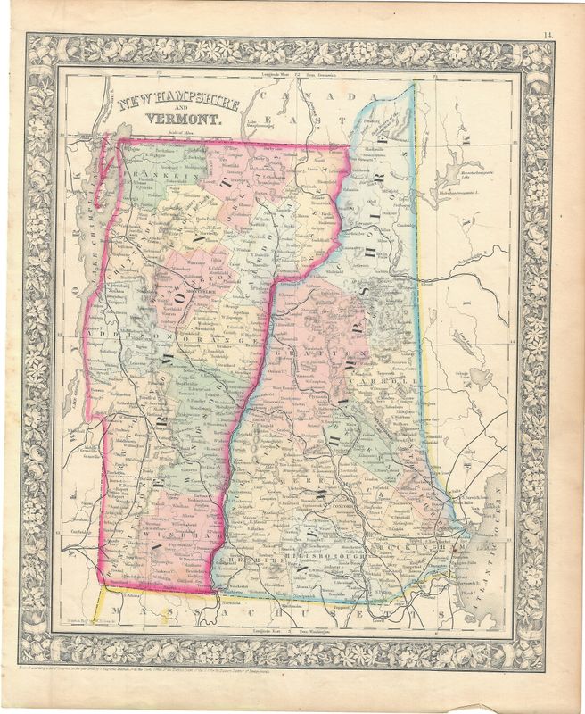 1866 (1862) Map of New Hampshire and Vermont by S. Augustus Mitchell w/ohc