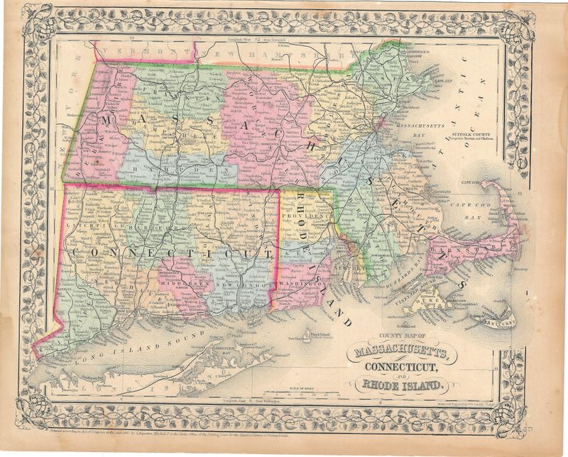 1867 Map of Massachusetts, Connecticut &amp; Rhode Island by S. Augustus Mitchell w/ ohc