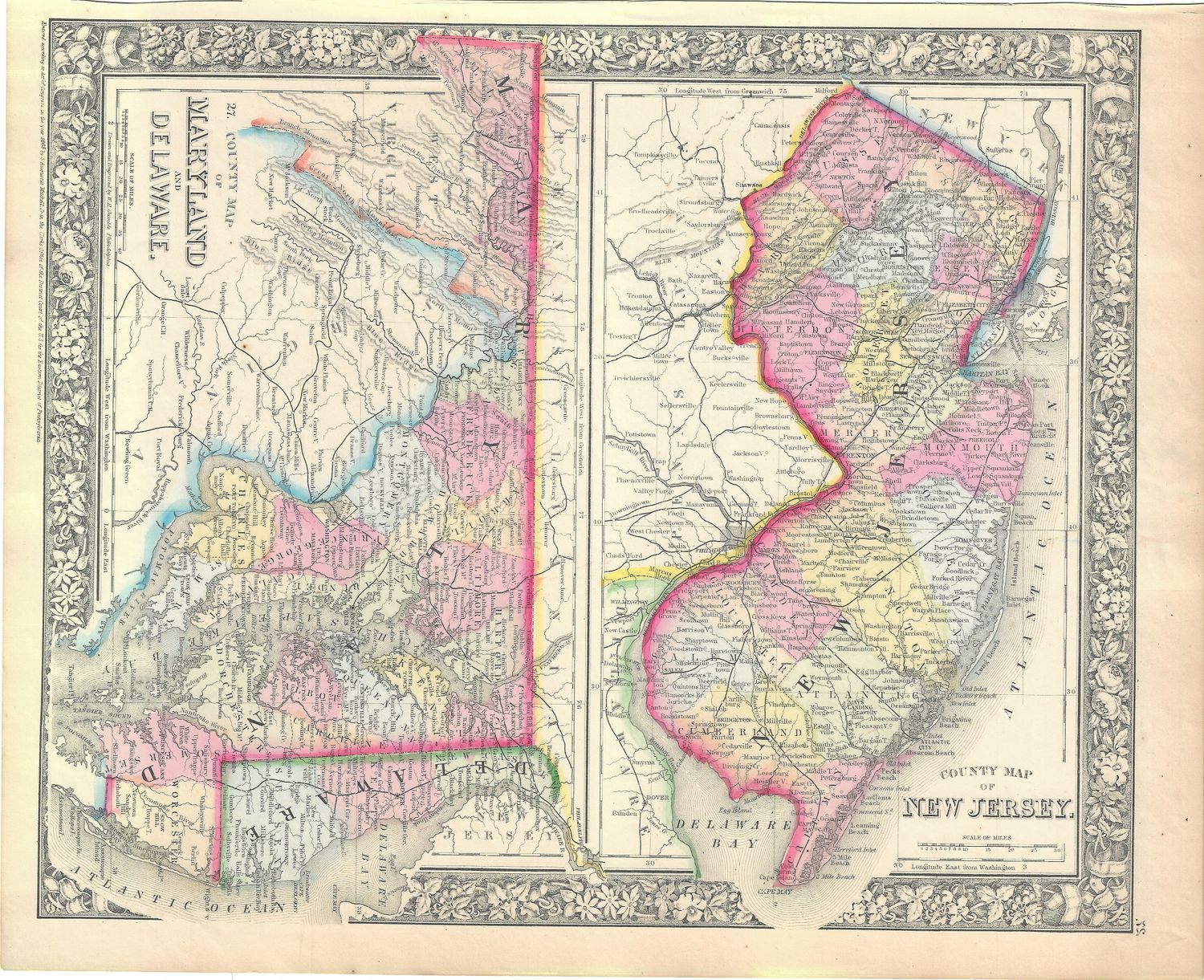 1866 (1865) Map of New Jersey, Maryland and Delaware by S. Augustus Mitchell w/ ohc