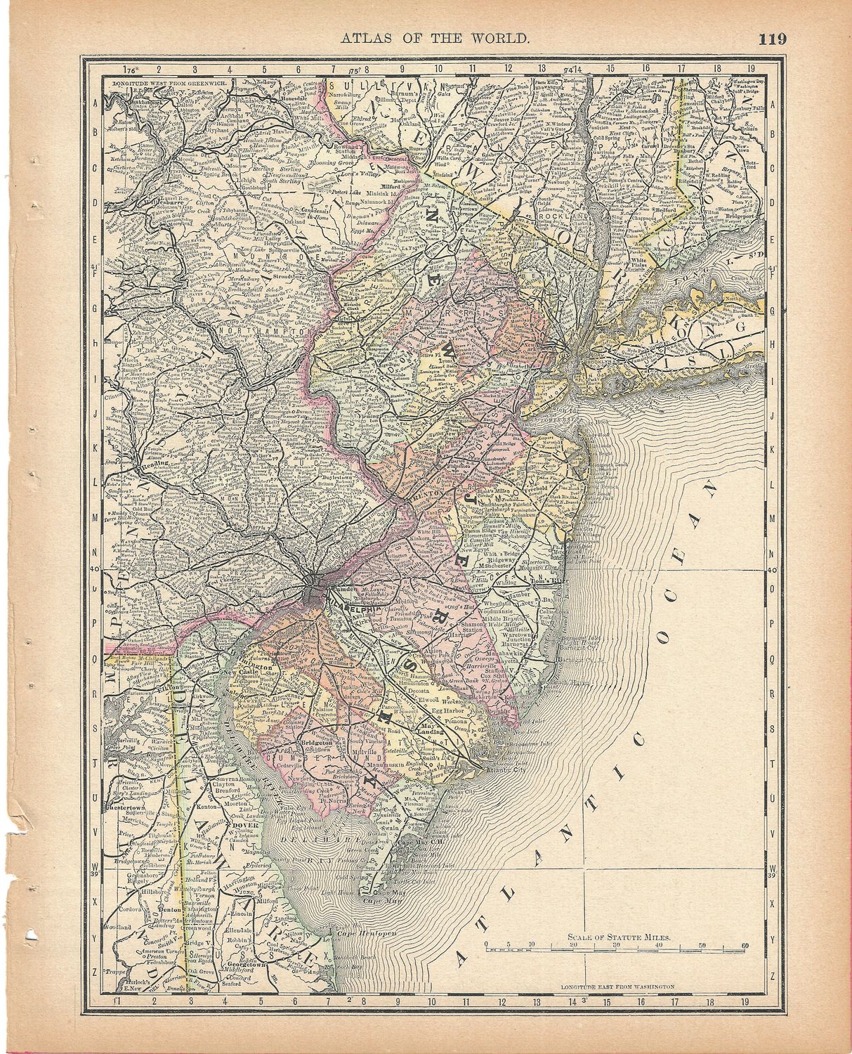 1888 Map of New Jersey w/ Pa. on reverse by Atlas of the World