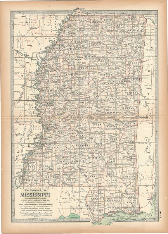 1897 Map of Mississippi from the Century Atlas