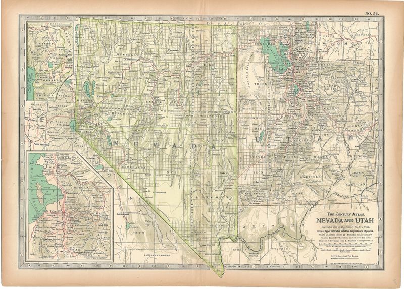 1897 Map of Nevada and Utah from the Century Atlas