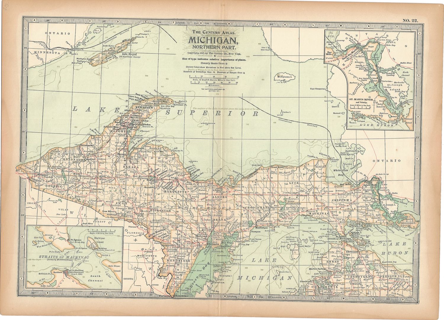 1897 Map of Northern (Upper) Michigan from the Century Atlas