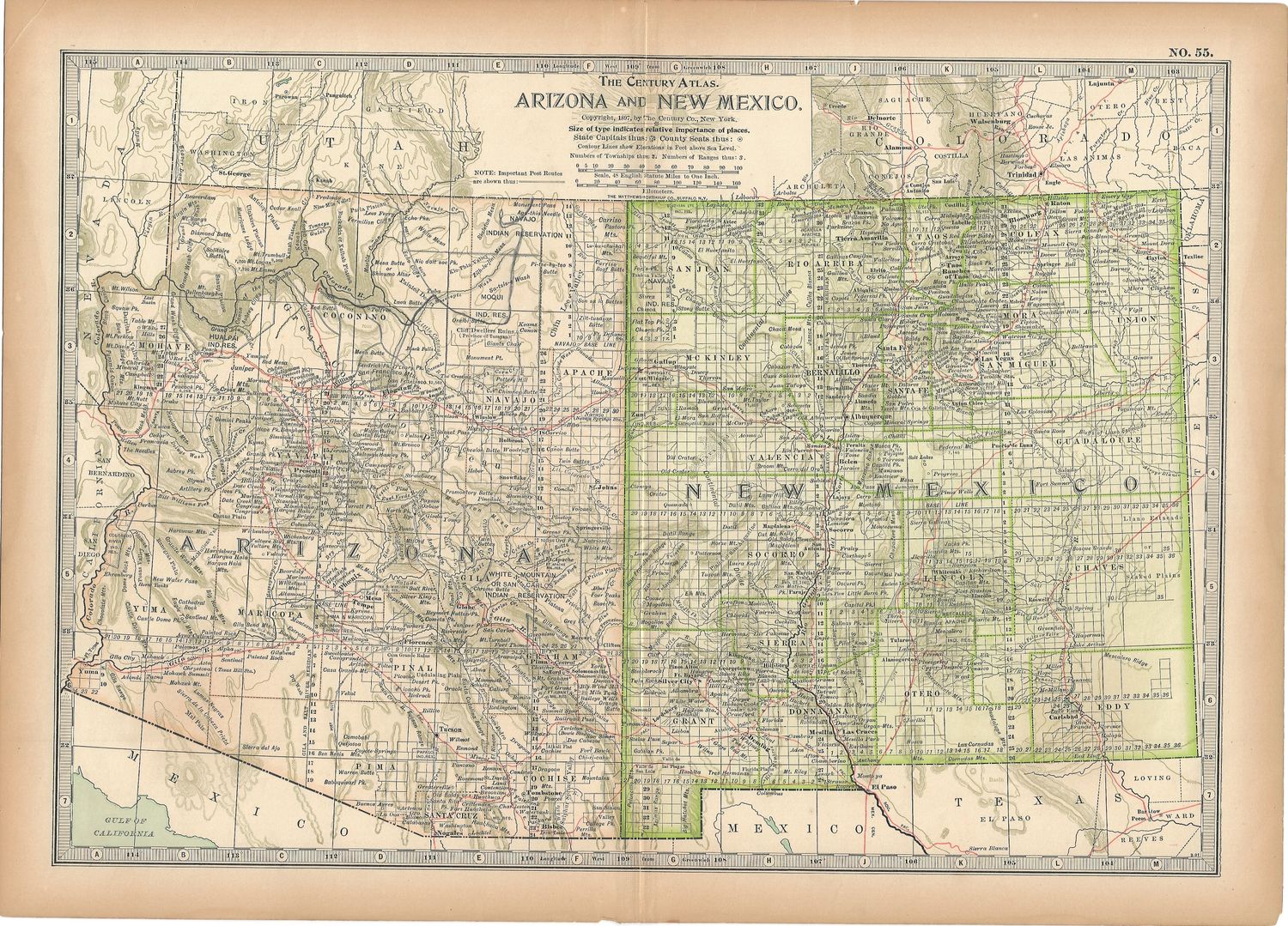 1897 Map of Arizona &amp; New Mexico from the Century Atlas