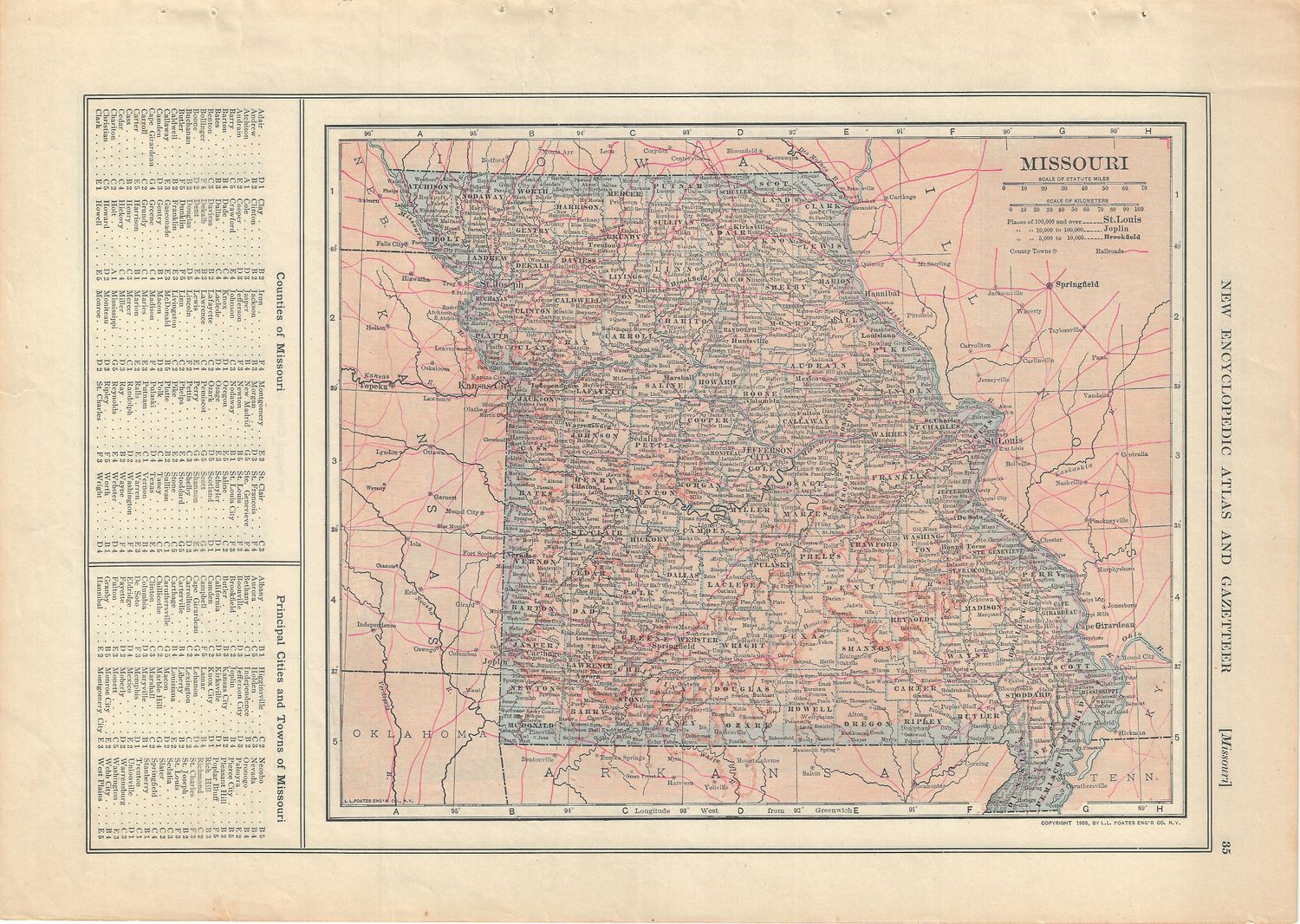 1908 Map of Missouri from the New Encyclpedia. Atlas