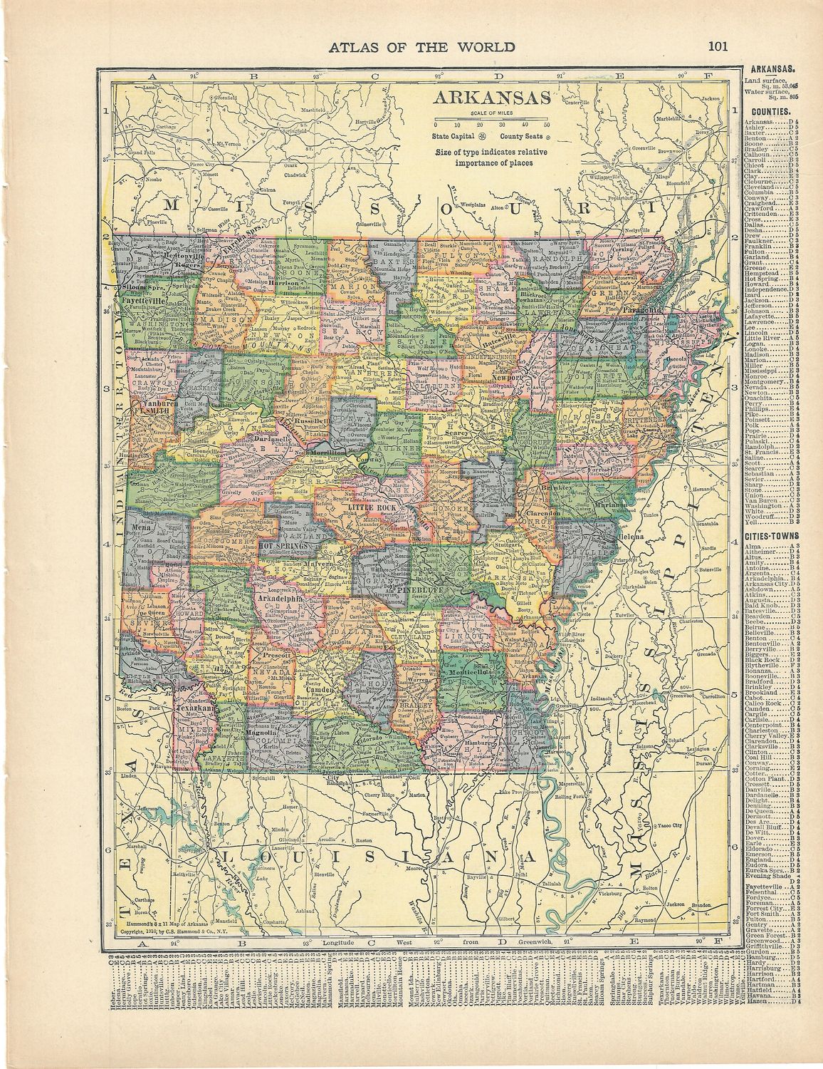 1910 Map of Mississippi from C.S. Hammond Atlas of the World