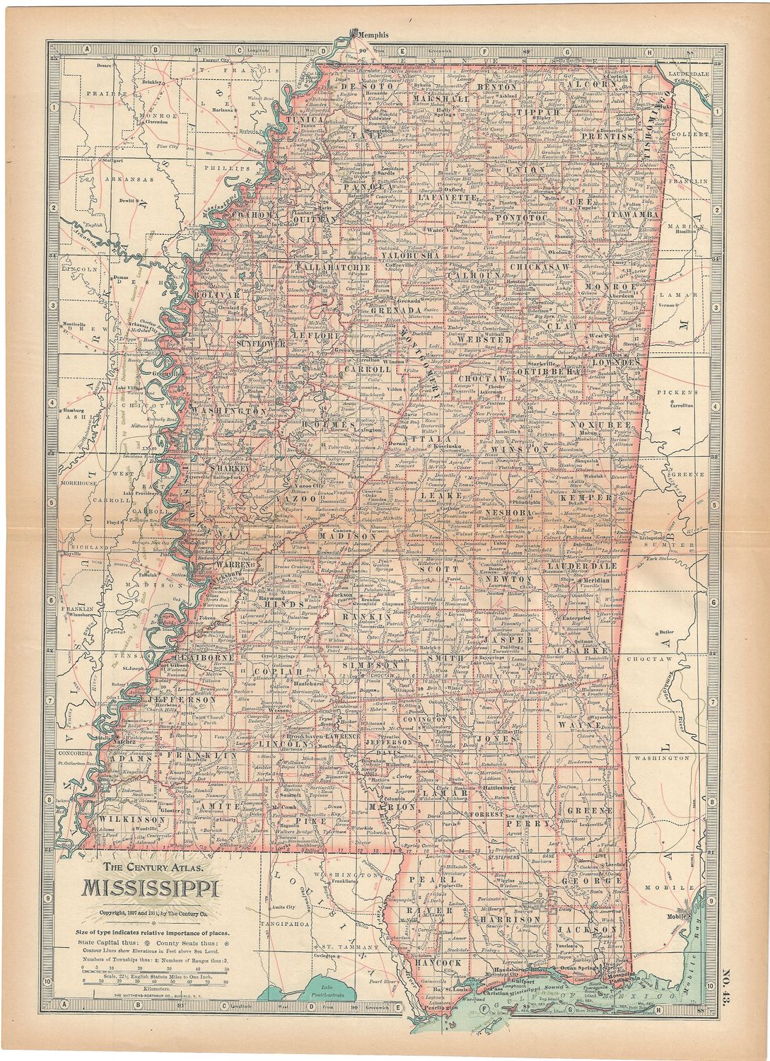 1911 Map of Mississippi from the Century Atlas