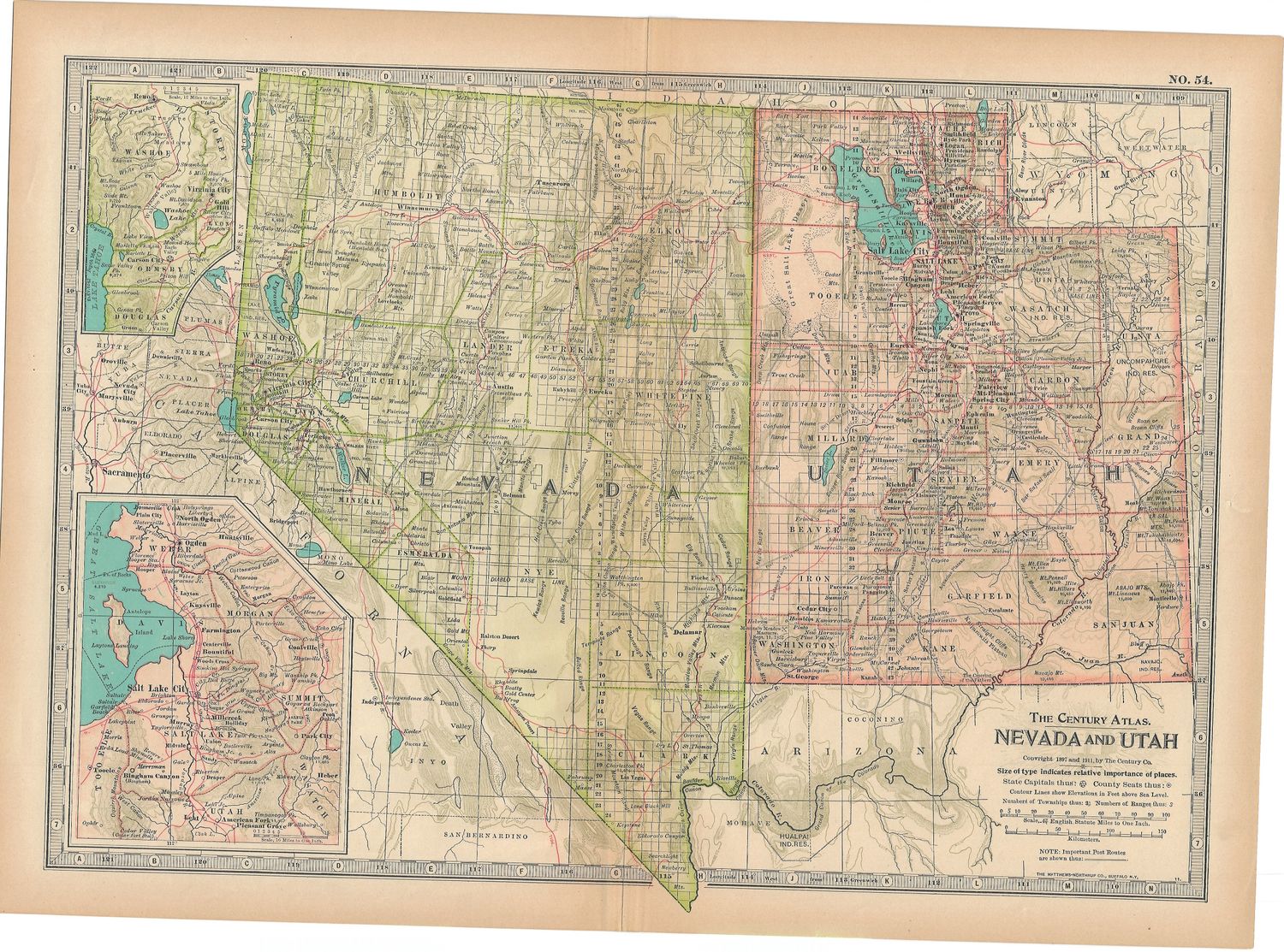 1911 Map of Nevada and Utah from the Century Atlas