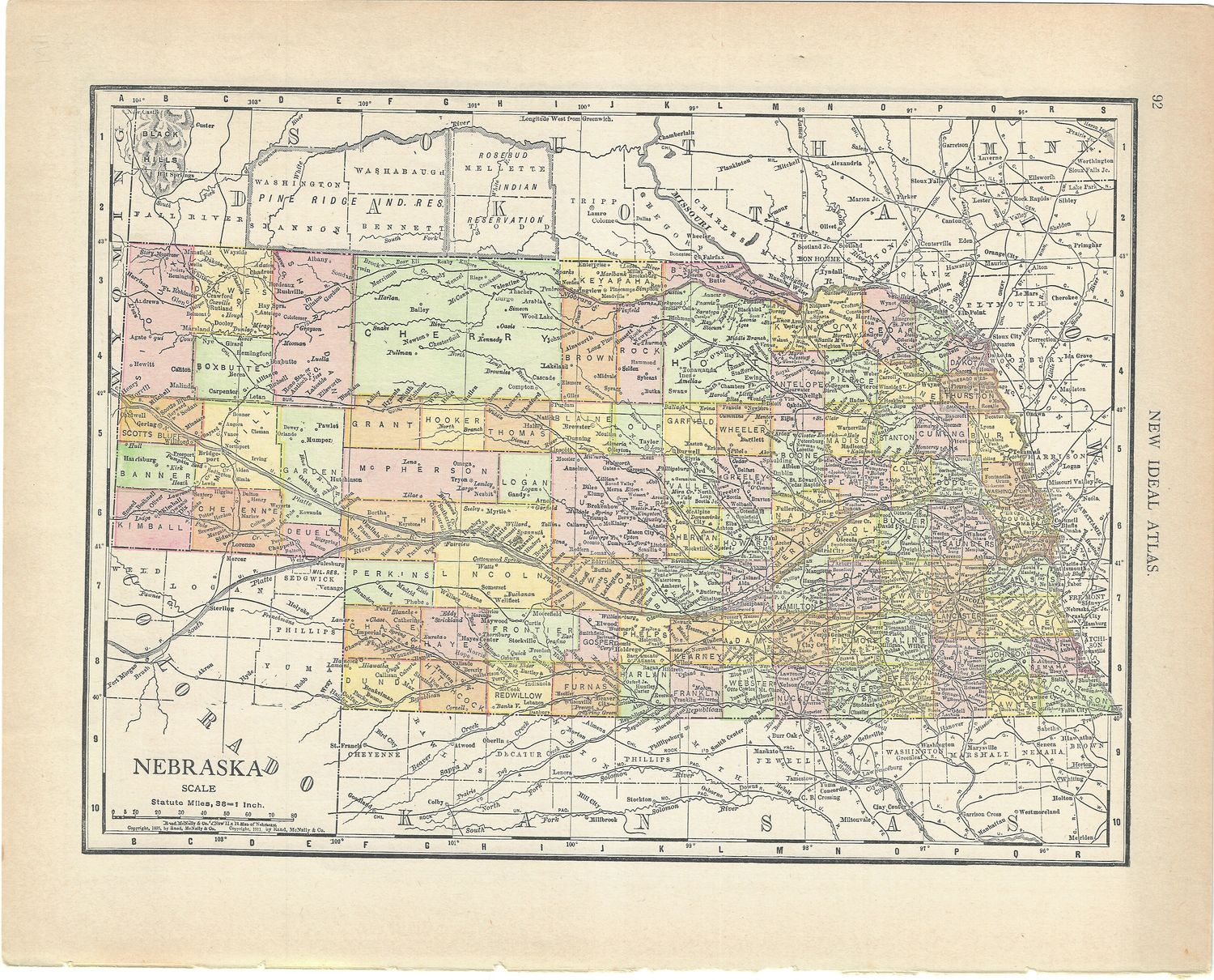 1911 Map of Nebraska fromt the New Ideal Atlas