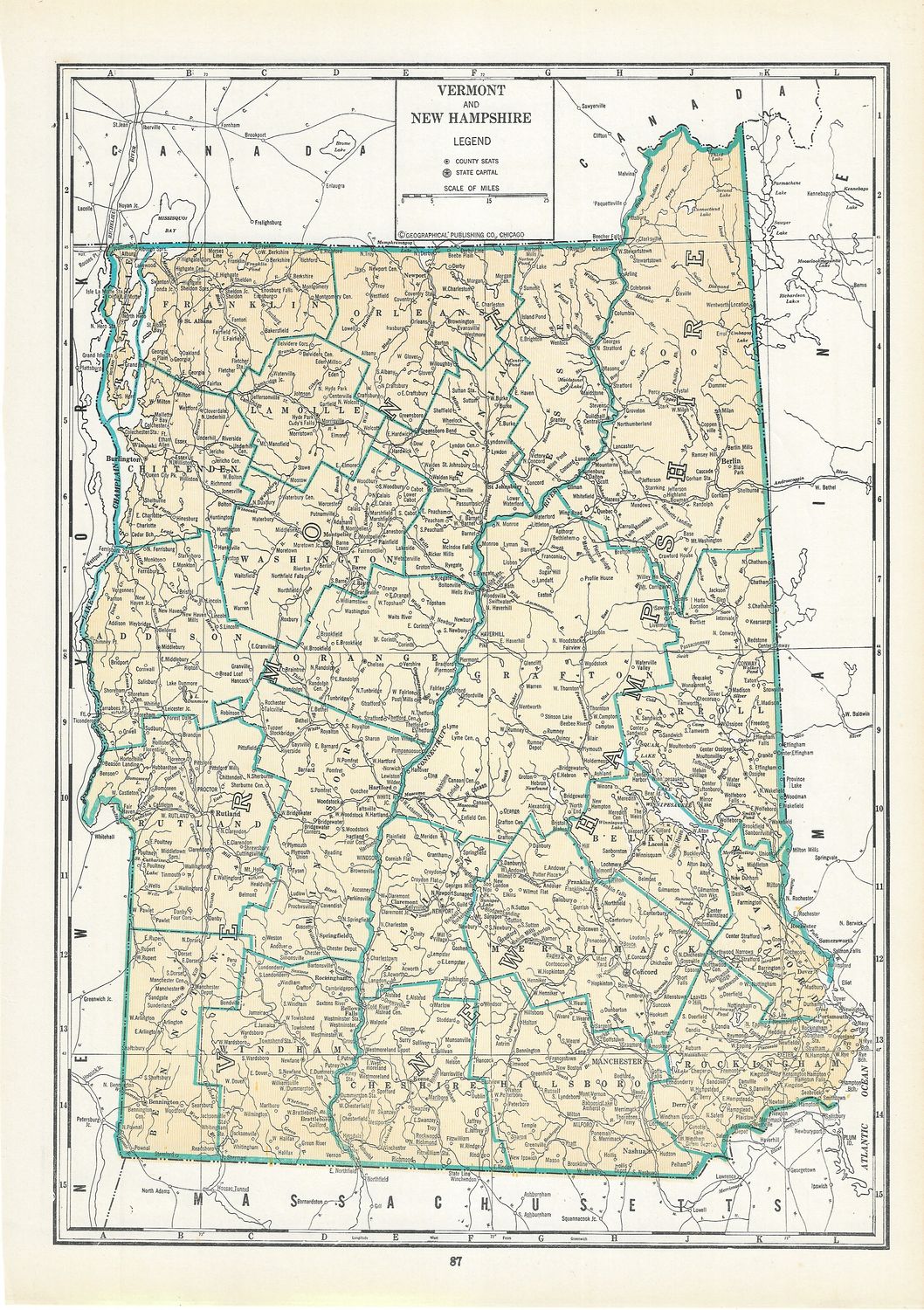 1927 Map of Vermont &amp; New Hampshire from Geographical Pub. Co.