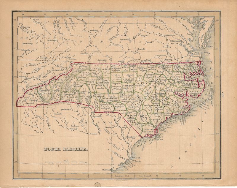 1844 Map of North Carolina showing Railroads &amp; Counties w/ ohc