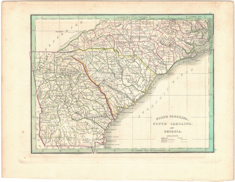 1835 Map of North Carolina, South Carolina &amp; Georgia by G.W. Boynton for Bradford