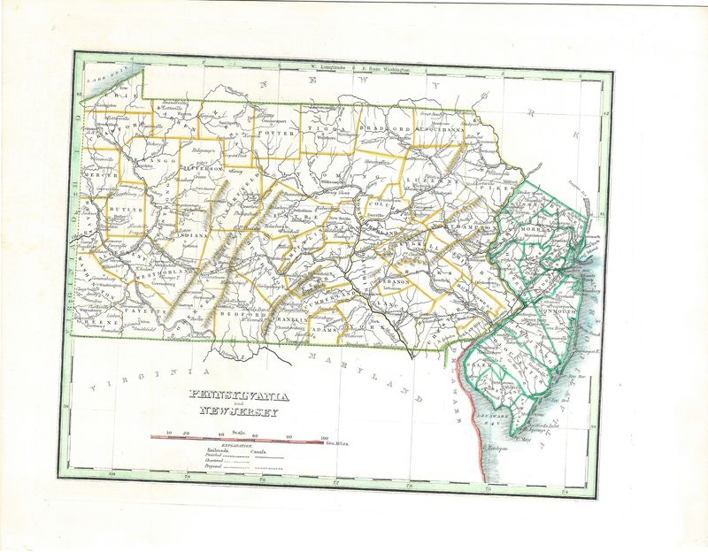1835 Map of Pennsylvania &amp; New Jersey  by G.W. Boynton for Bradford