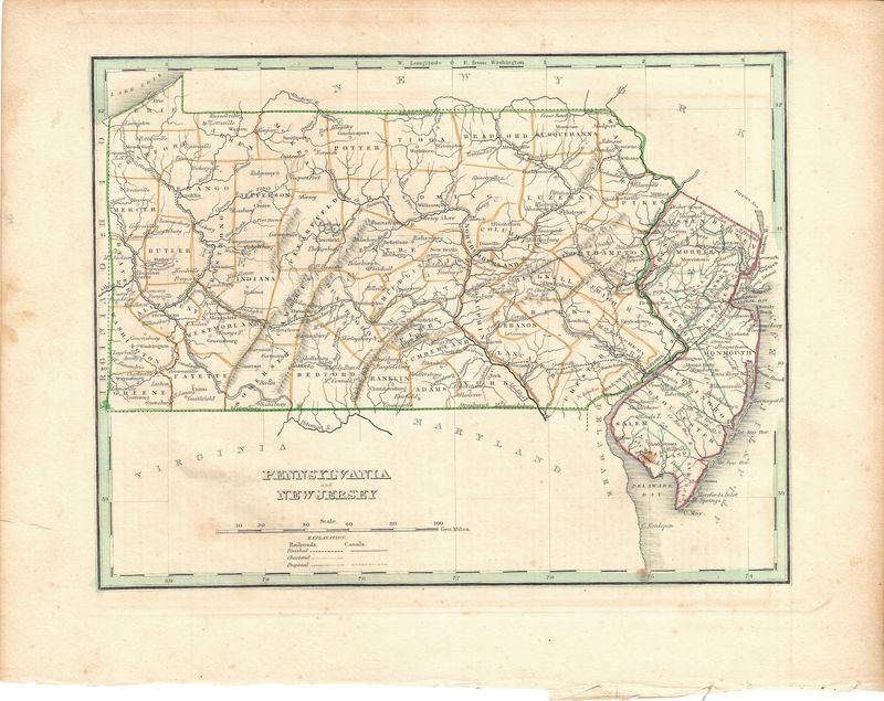 1835 Map of Pennsylvania &amp; New Jersey by G.W. Boynton for Bradford -crooked