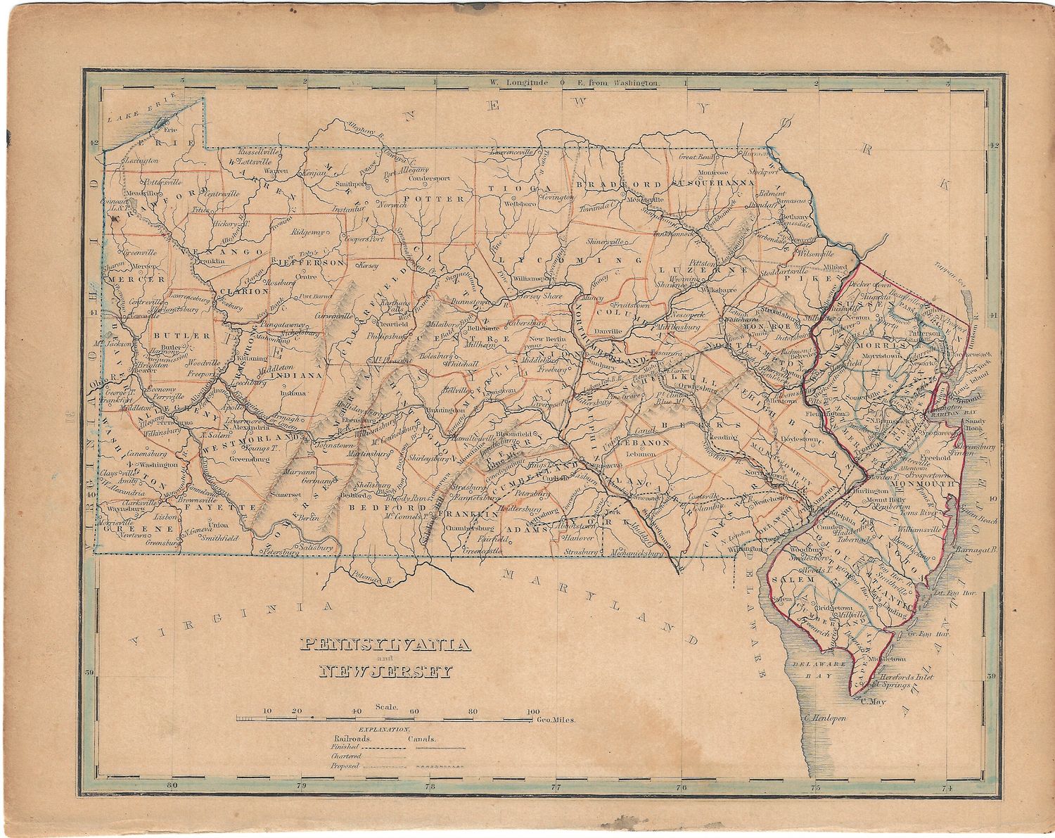 1844 Map of  Pennsylvania and New Jersey showing Roads &amp; Counties w/ohc