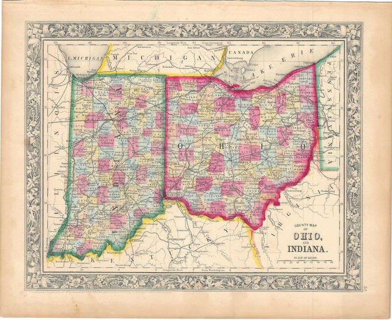 1860 Map of Ohio &amp; Indiana by S. Augustus Mitchell w/ ohc