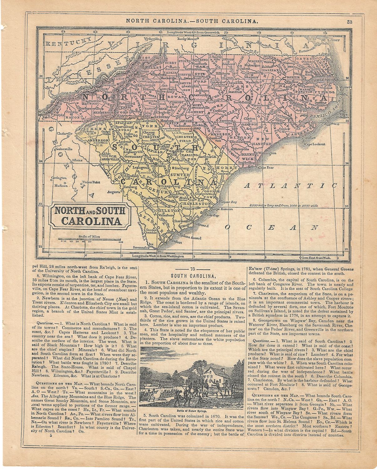 1855 Map of North &amp; South Carolina w/text by McNally