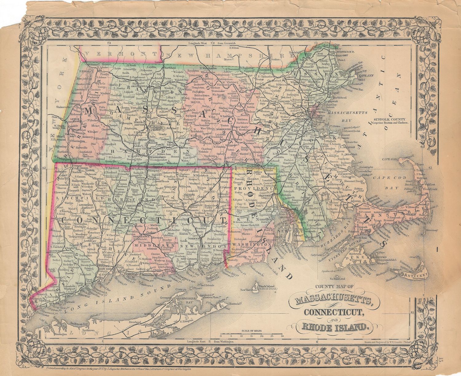 1871 Map of Massachusetts , Connecticut &amp; Rhode Island by S;. Augustus Mitchell w/ ohc