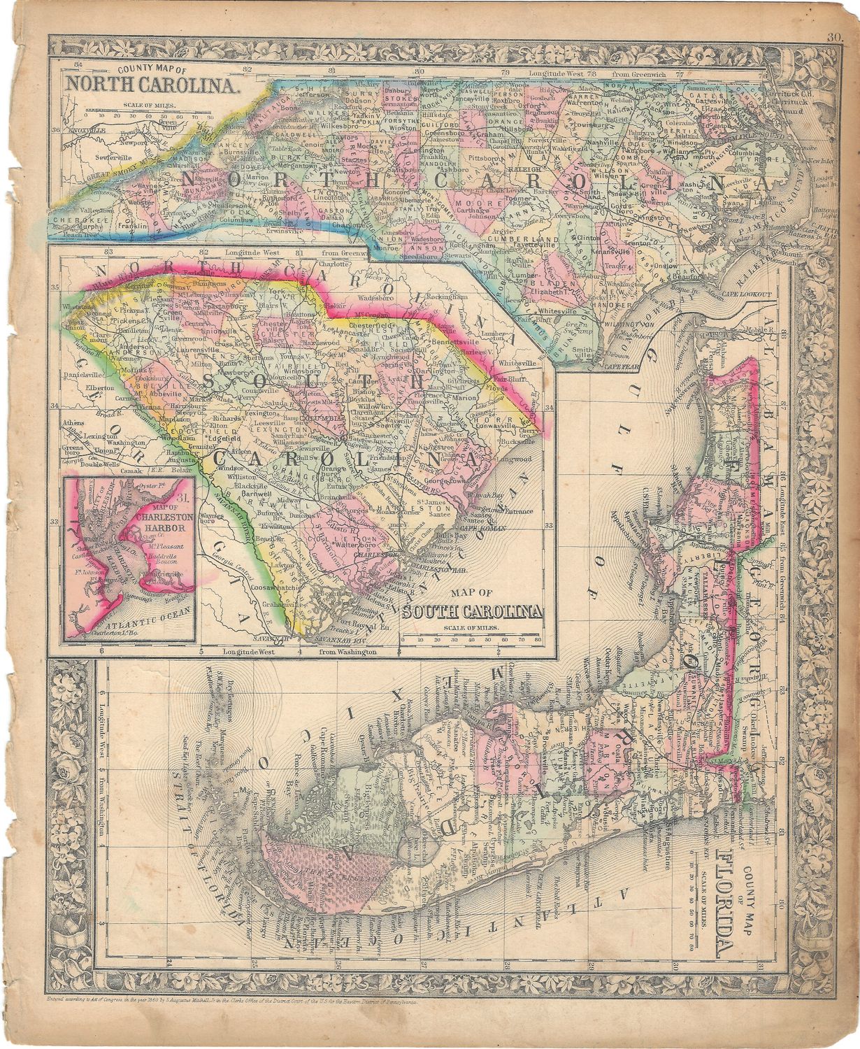 1860 Map of North Carolina, South Carolina &amp;  Florida by S Augustus Mitchell w/ ohc