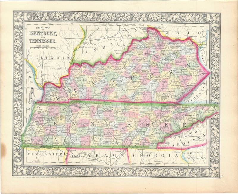 1866 (1860) Map of Kentucky and Tennessee by S. Augustus Mitchell w/ ohc