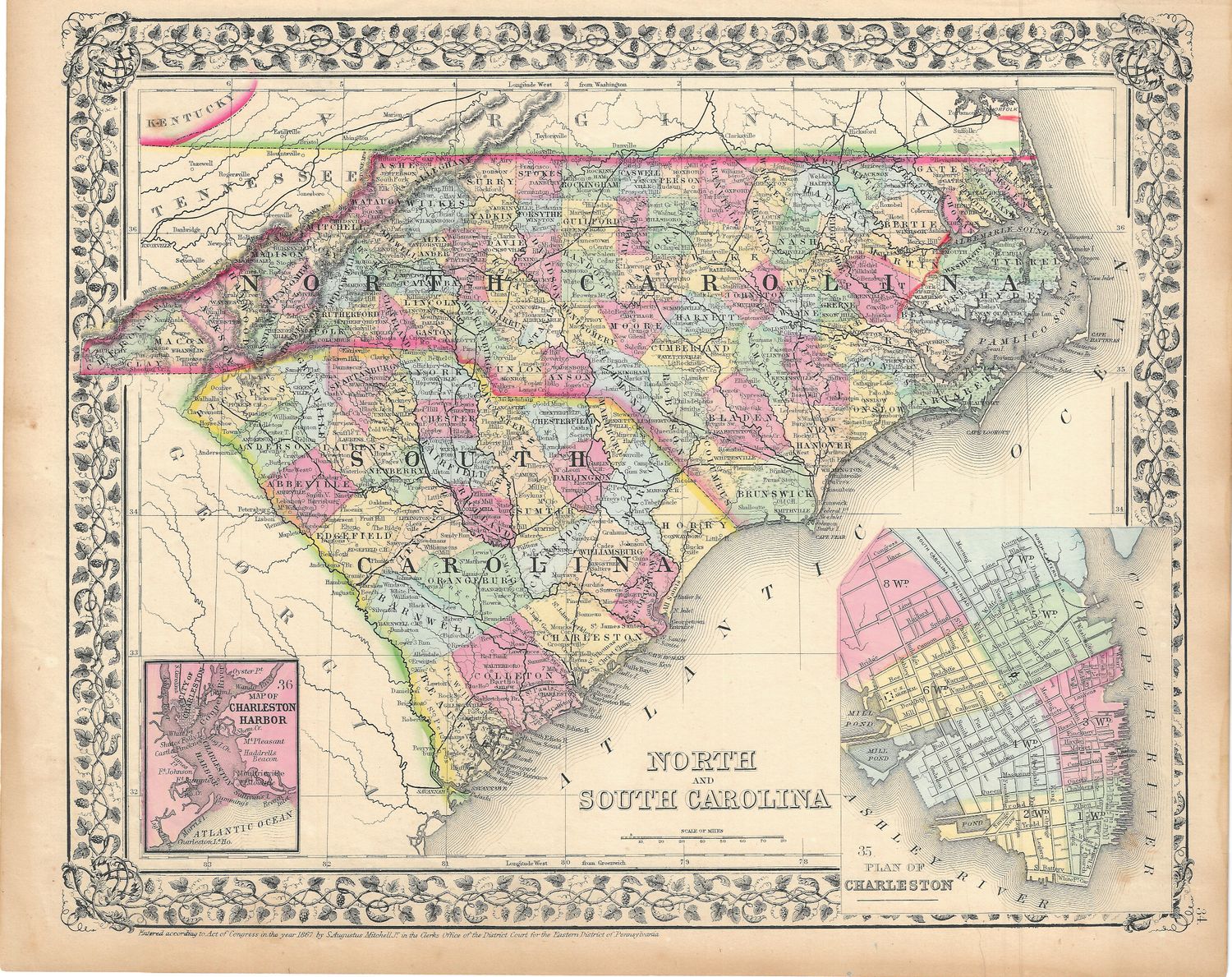 1867 Map of North and South Carolina by S. Augustus Mitchell w/ ohc
