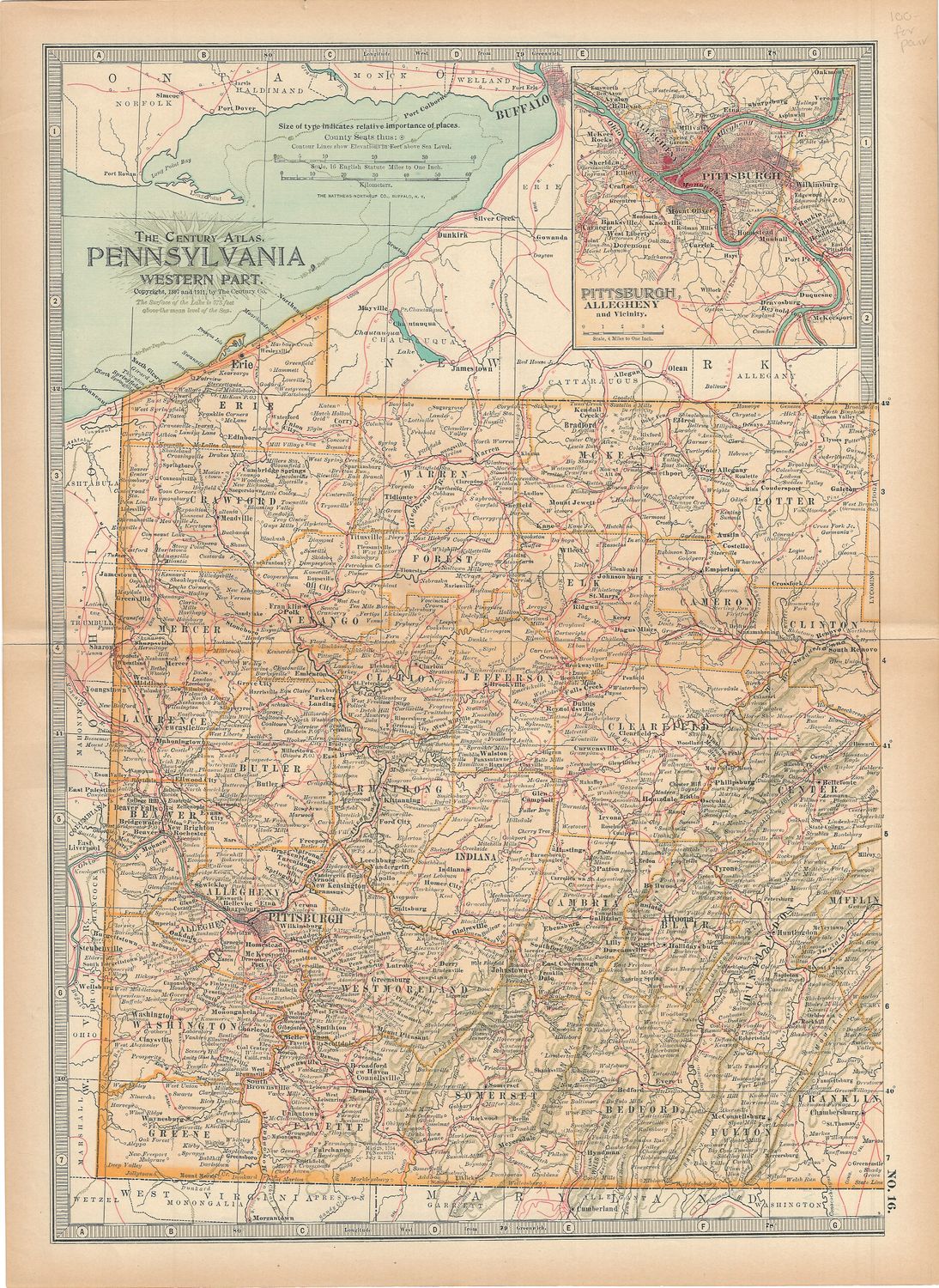 1897 Map of Pennsylvania, Western &amp; Eastern from the Century Atlas (pair)