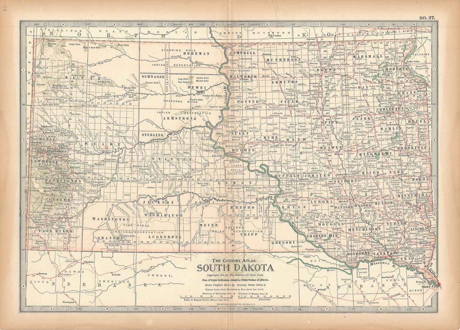 1897 Map of South Dakota from the Century Atlas