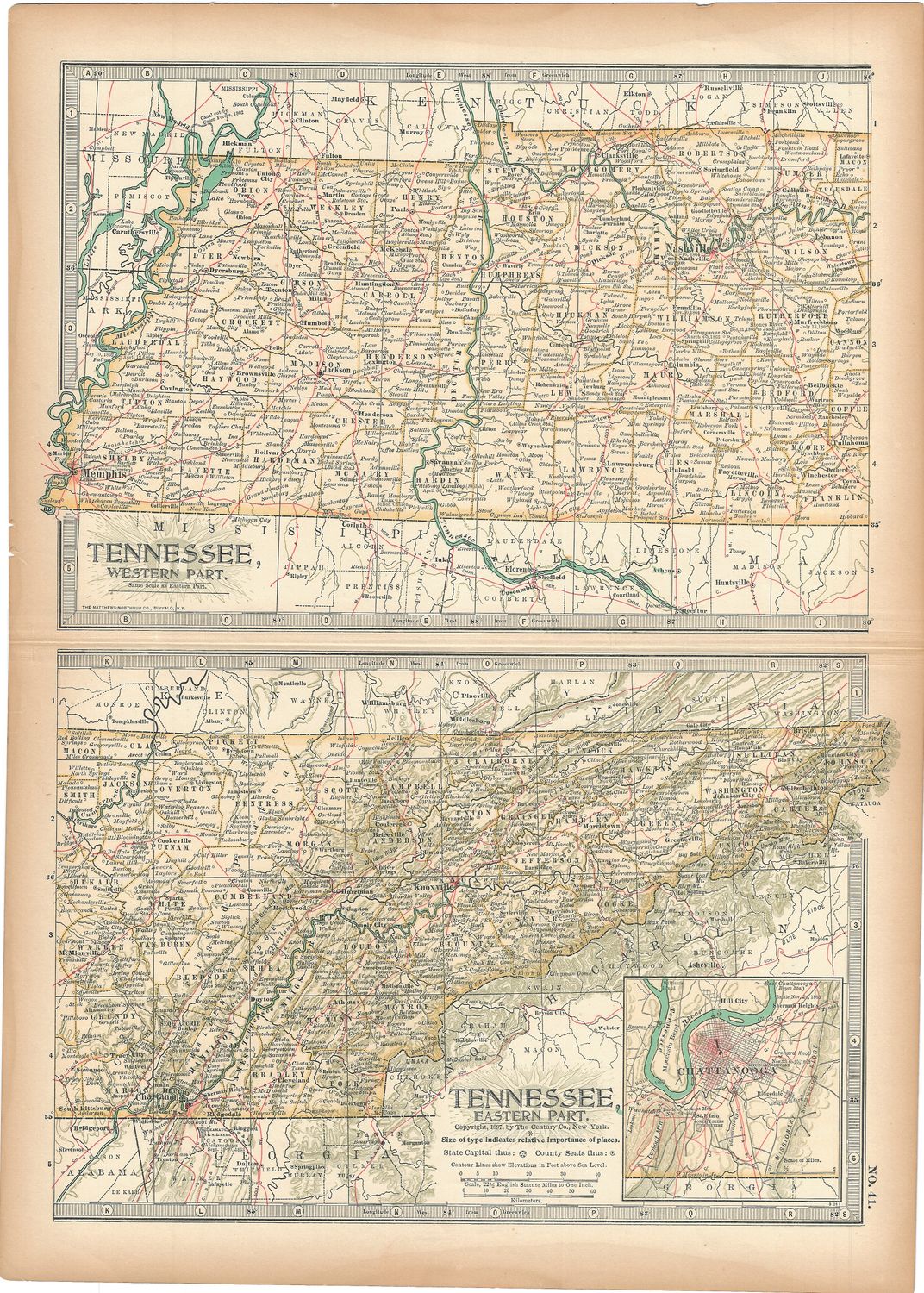1897 Map of Tennessee (Western, Eastern) from the Century Atlas