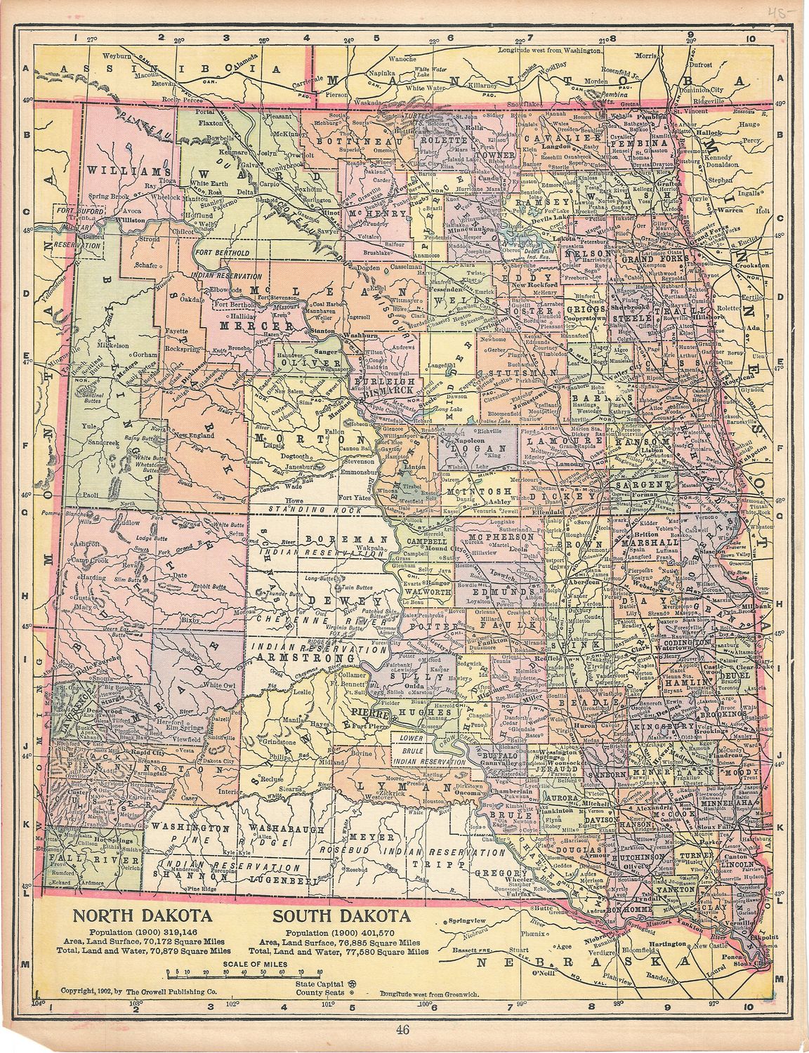 1902 Map of North &amp; South Dakota from Crowell Publishing Co.