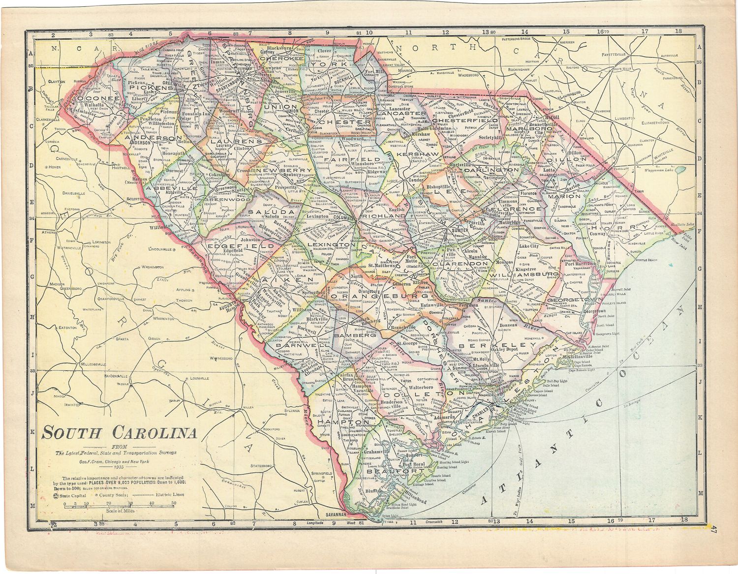 1908 Map of South Carolina by George Cram #2