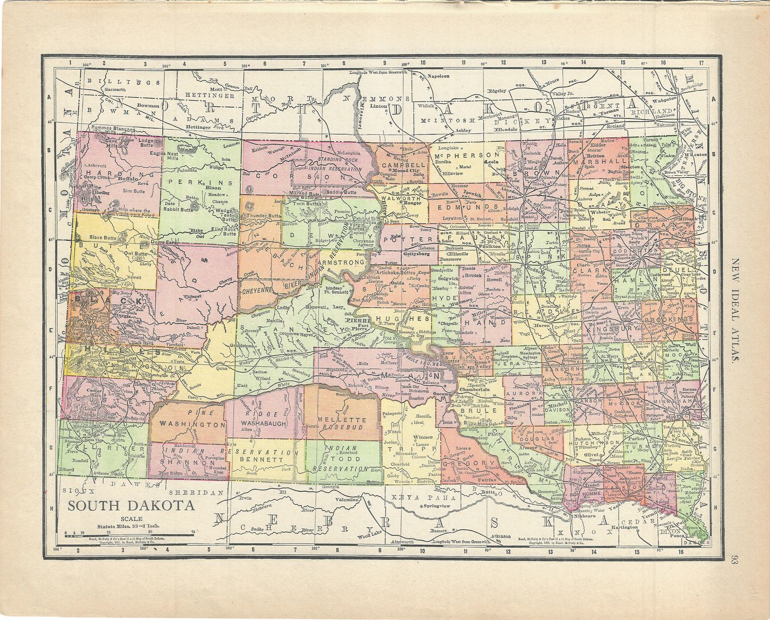 1911 Map of South Dakota from Rand McNally