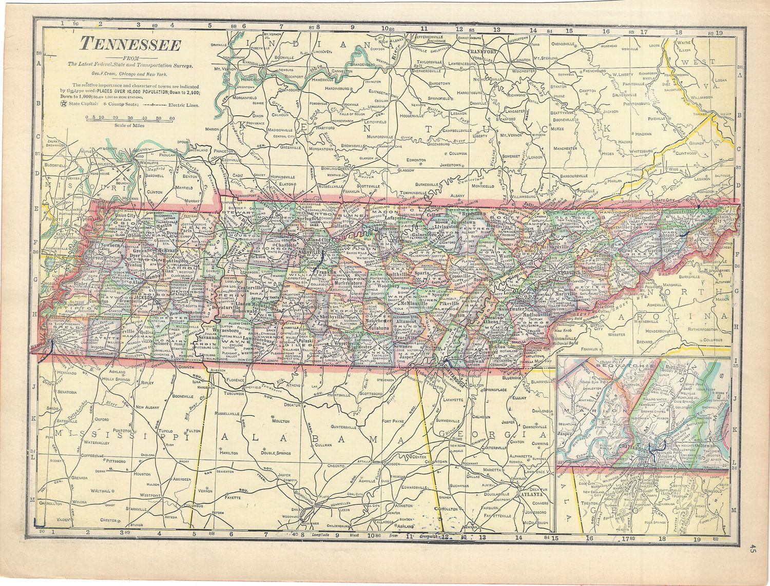 1901 Map of Tennessee from George Cram
